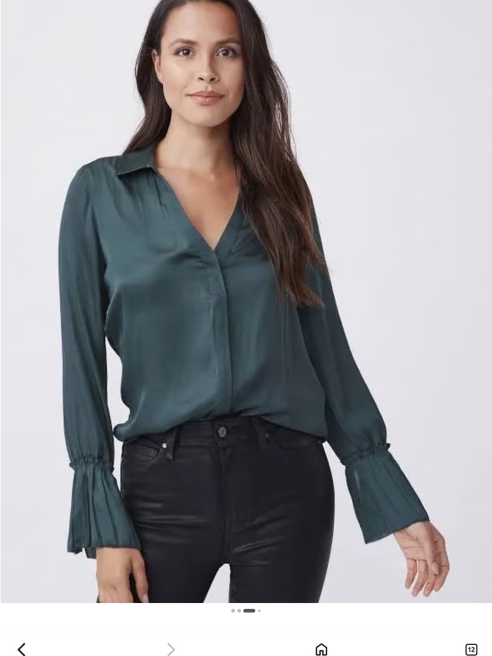 PAIGE Abriana Blouse Satin V-Neck Bell Long-Sleeve Deep Teal XS hi Lo